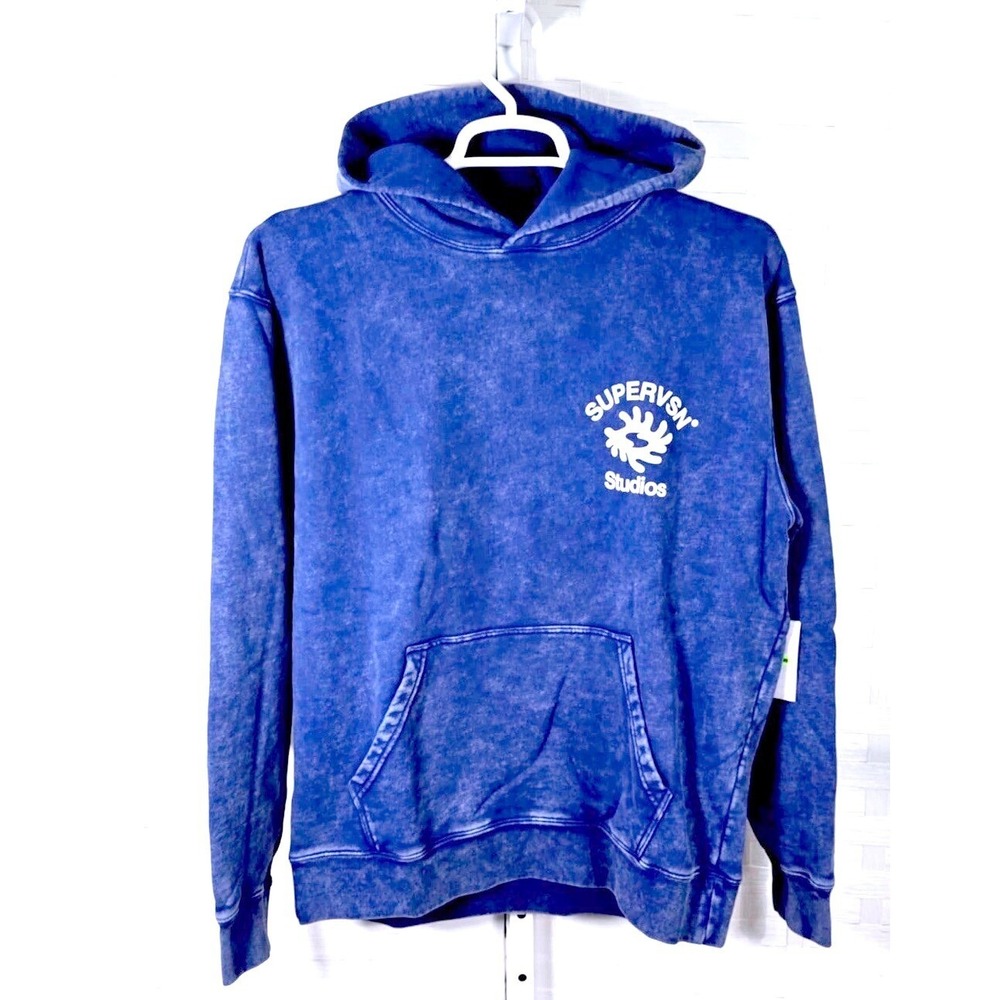 Supervsn Studios Mens Acid Wash Graphic Hoodie Blue Medium NEW